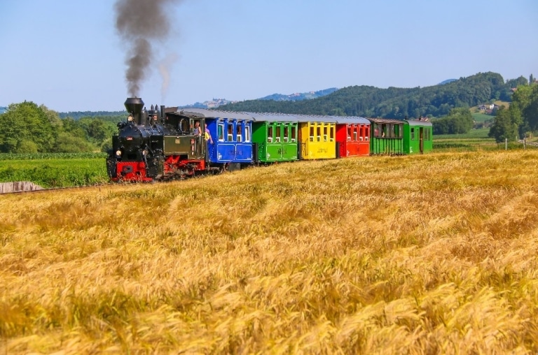 Bunter Zug fährt durch ein Weizenfeld
