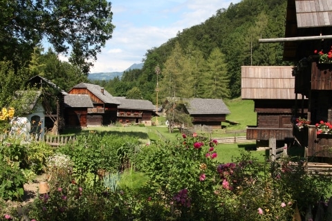 Blick auf einen Bauerngarten umringt von historischen Bauernhäusern im Freilichtmuseum Stübing