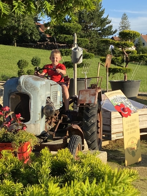 Ein Bub auf einem Traktor in einem Schaugarten