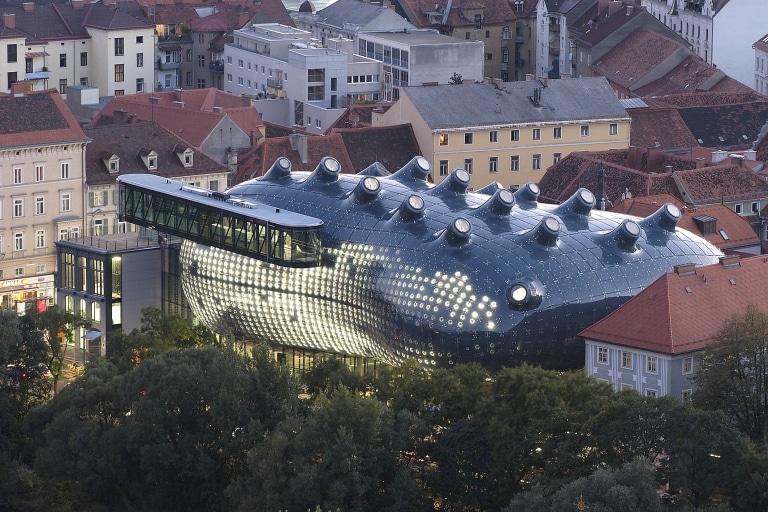 Luftaufnahme des Kunsthaus Graz