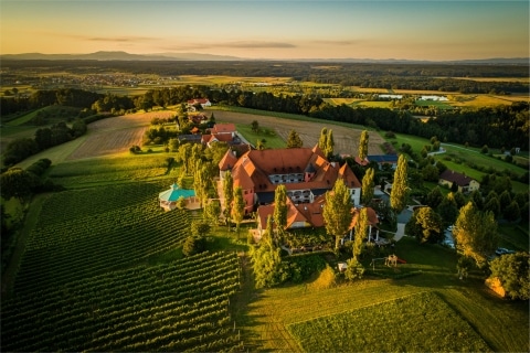 Luftaufnahme des Weinschloss Thaller mit Blick auf die Umgebung