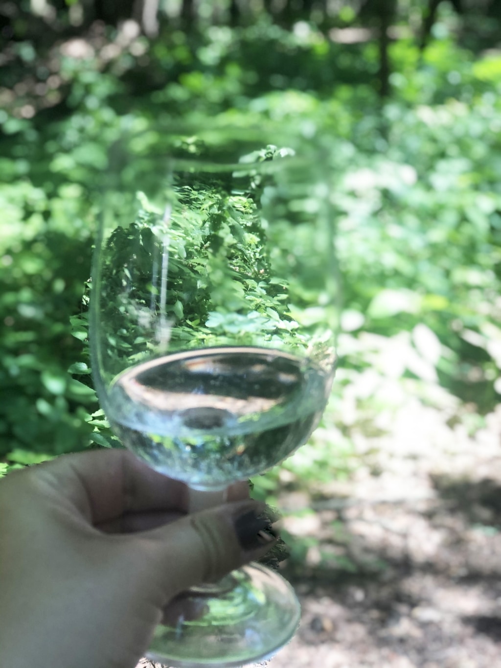 Ein Glas Mineralwasser durch welches die Umgebung zu sehen ist