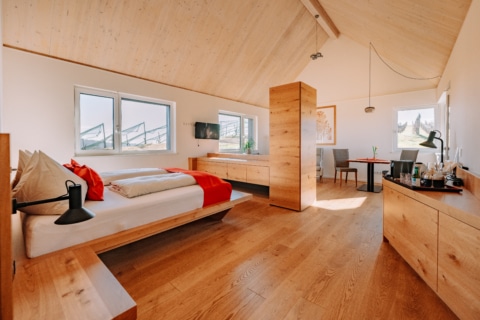 modernes Zimmer in Holzoptik mit Bett, Schrank, Kommode, Esstisch und Nische