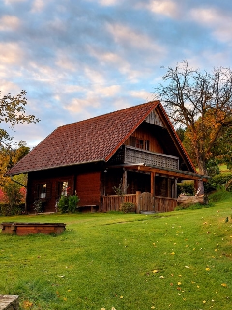 Dunkles Holzhaus steht auf einer grünen Wiese, Links steht ein Bau, der die Blätter verliert